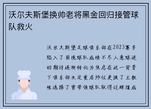 沃尔夫斯堡换帅老将黑金回归接管球队救火