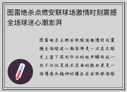 图雷绝杀点燃安联球场激情时刻震撼全场球迷心潮澎湃